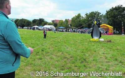 Über der Wiese steigen Drachen und Ballons