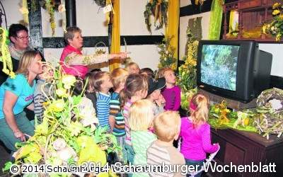 Kindergartenkinder staunen über die vier jungen Störche