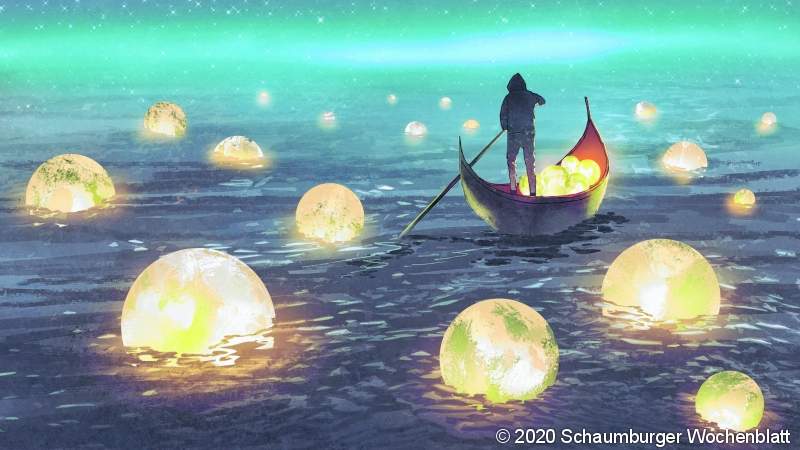 night scenery of a man rowing a boat among many glowing moons floating on the sea, digital art style, illustration painting
